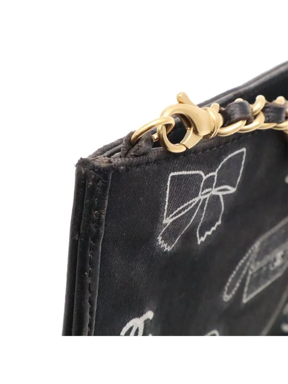Chanel Icon Print Chain Shoulder Bag Party Canvas Leather Black Gold